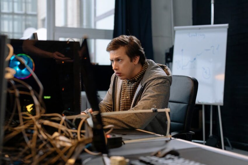 Young man intensely focused on computer work in a tech office setting with a whiteboard in the background.