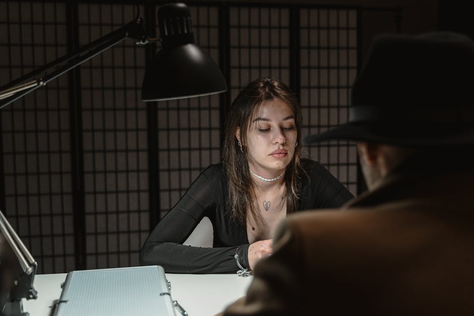 A woman and man sit across in a dimly lit interrogation room, suggesting mystery.