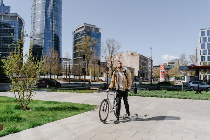 A cyclist carries a backpack and bicycle in a vibrant urban setting with skyscrapers.