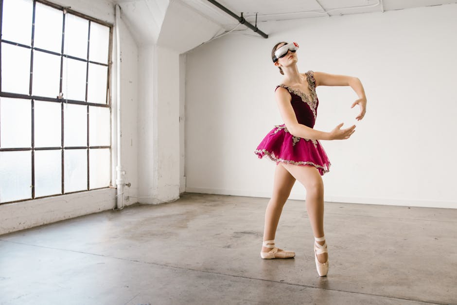 A ballerina wearing a VR headset gracefully performs in an empty studio, blending classical ballet with modern technology.