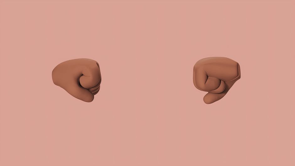 Two 3D rendered fists facing each other with a soft pink background, symbolizing strength and unity.