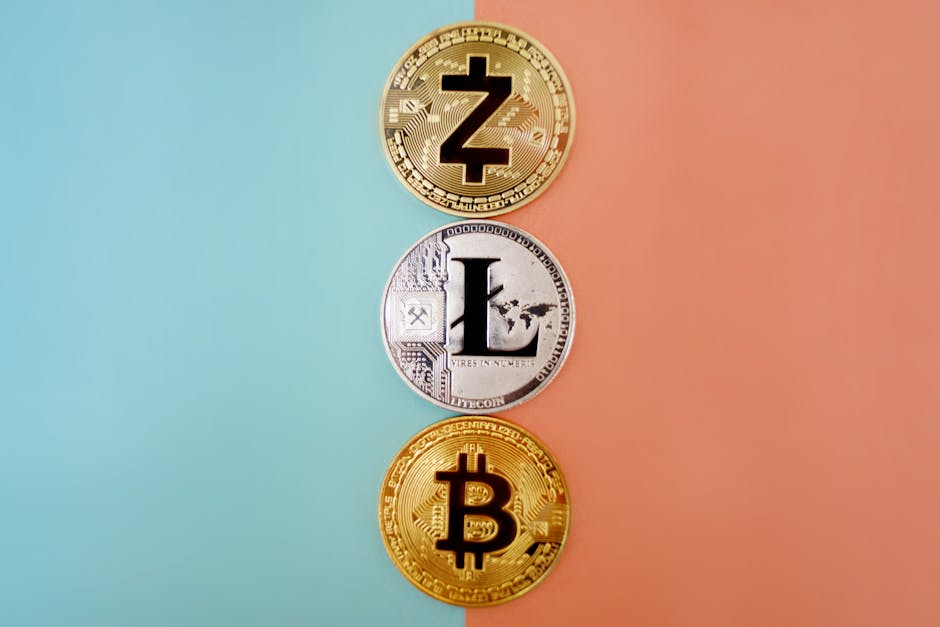 Colorful display of Zcash, Litecoin, and Bitcoin coins on gradient background.