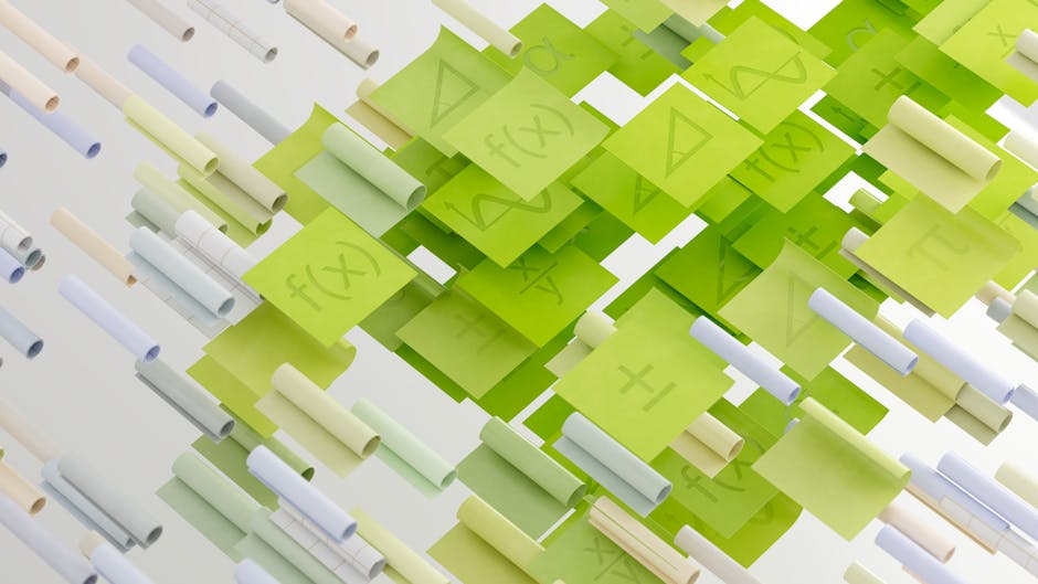 Dynamic abstract image with mathematical symbols on floating papers, vibrant and conceptual.