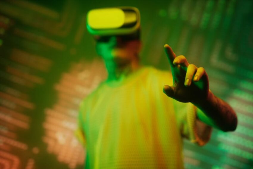 A man engaging with a virtual environment using a VR headset in a futuristic setting.