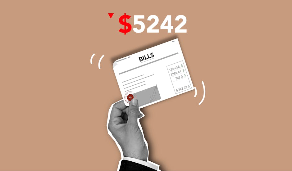 Minimalist artwork depicting bill payment concept with financial elements on a brown background.