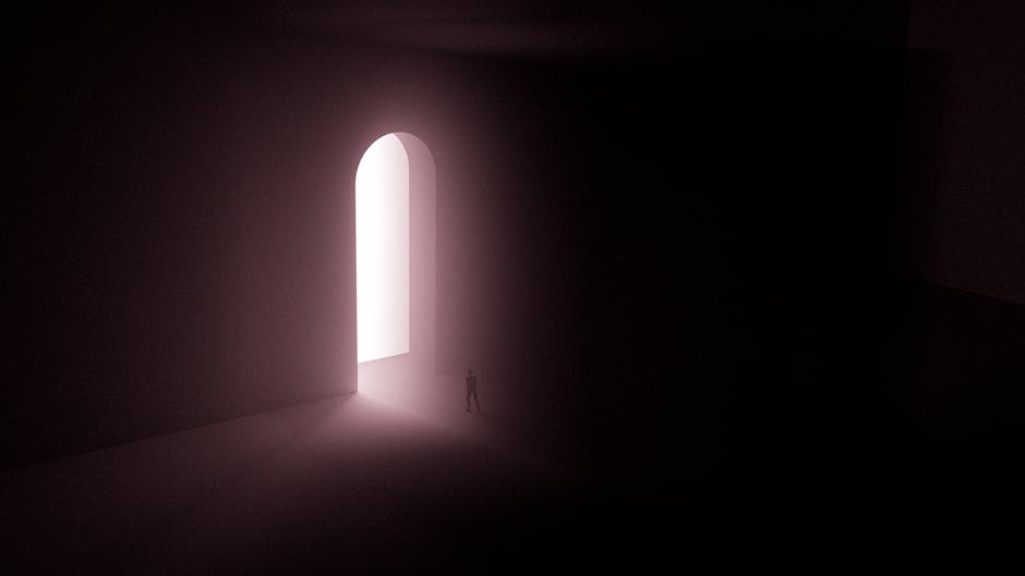 A surreal scene with a lone silhouette in front of an illuminated arched gateway.
