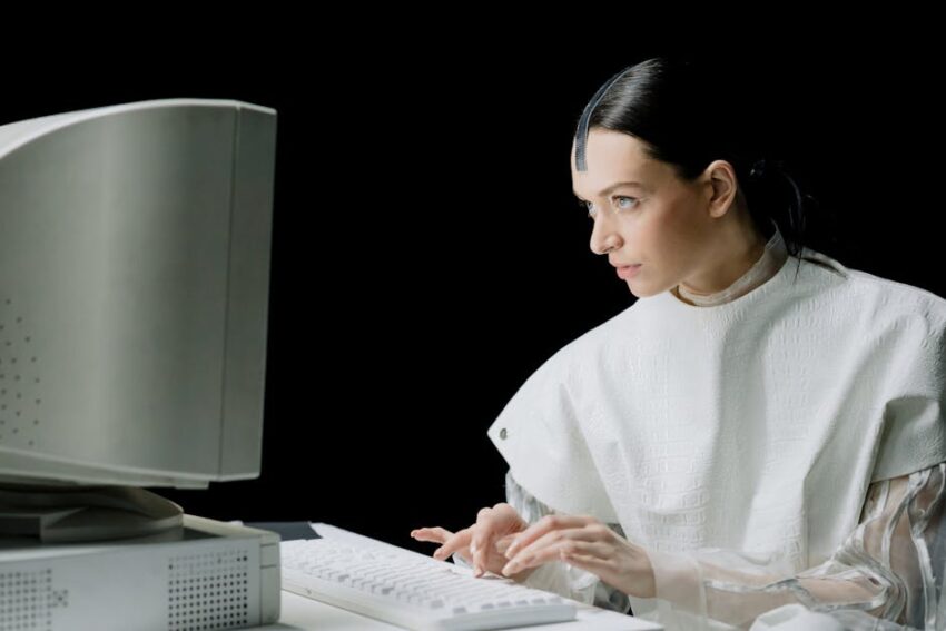 A woman in futuristic attire types on a vintage computer, blending old and new technology.