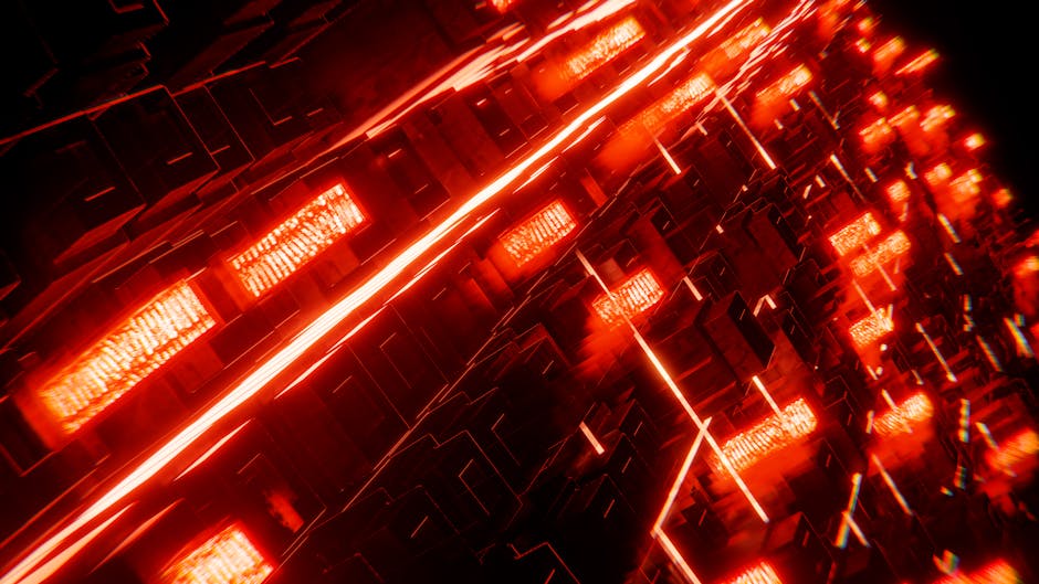 Dynamic abstract scene with red neon lights and geometric patterns, conveying futuristic and technological themes.