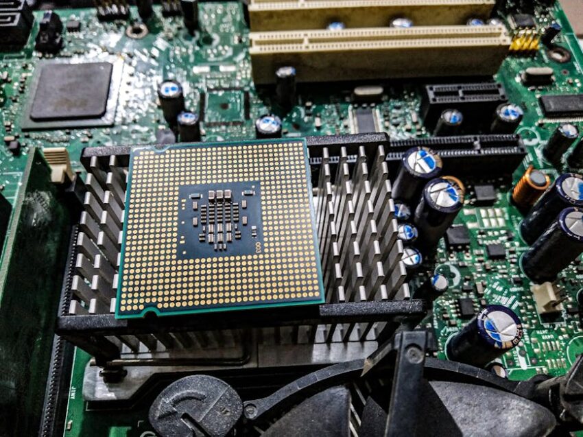 Detailed view of a CPU on a motherboard showcasing electronic components and circuitry.