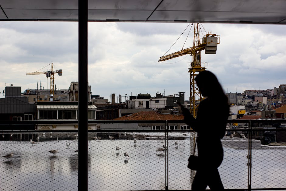 Silhouetted woman on terrace with urban structures and cranes in view.
