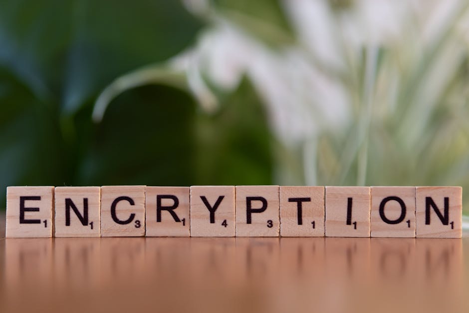Close-up of wooden blocks spelling 'encryption', symbolizing data security and digital protection.